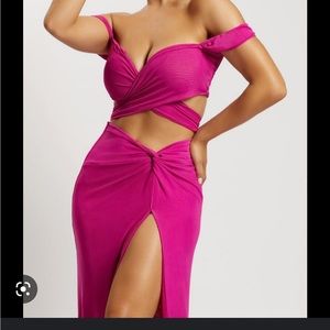 Nicky  Midi Twist Mesh Skirt and front tie top set in Fuchsia